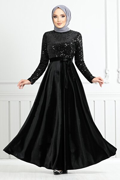 ModaMerve Black Velvet Evening Dress with Sequins, Model 2015Efy931-M