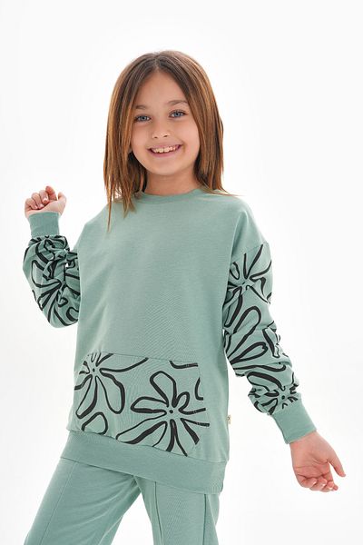 ROBA KIDS Girls' Compact 2-Thread Print Detail Kangaroo Pocket Bottom Top Sweatshirt Suit Rb-8031