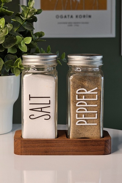 Mienda Home Ahşap Stantlı 2'li Cam Tuzluk Biberlik