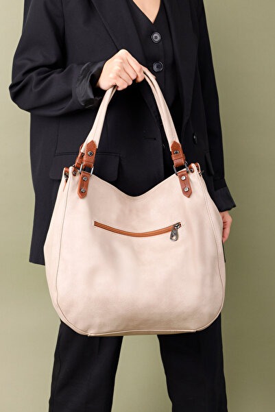 Getcho Lisvel Women's Zippered Large Beige Shoulder Bag and Crossbody Bag Large Volume Daily Stylish Convenient