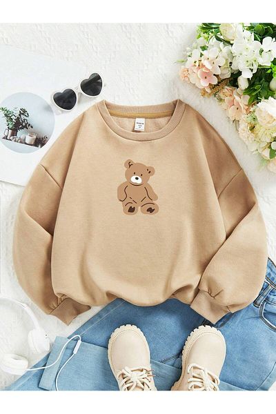 Benisengiydir Women's Beige Little Teddy Bear Printed Oversize Crew Neck Sweatshirt