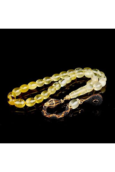 Tesbihsepetim Black Zircon Stone Silver Tasseled Fossil Drop Amber Rosary