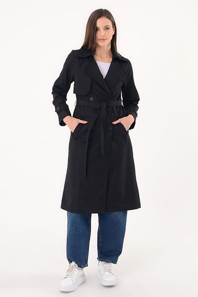 Hazel Women's Double Breasted Collar Black Trench Coat