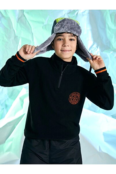 LC Waikiki Lcw Παιδικό μαύρο γιακά με κέντημα μακρυμάνικο φλις αγόρι φούτερ