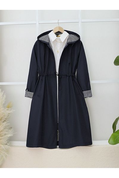 Modamorfo Trench Coat with Foldable Sleeves and Hood, Elastic Waist - Navy