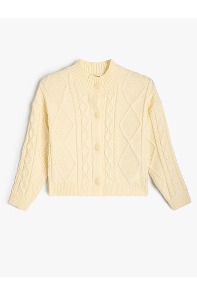 Koton Textured Long Sleeve Basic Cardigan - Crew Neck and Button Detail