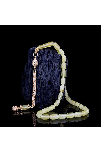 Tesbihsepetim Yellow Color Zircon Stone Silver Tassel Capsule Cut Drop Amber Rosary