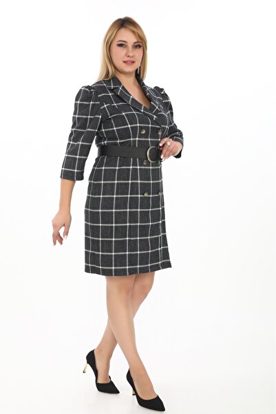 etselements Double Breasted Collar Belt Detailed Plaid Puffy Shoulder Detailed Dress 141