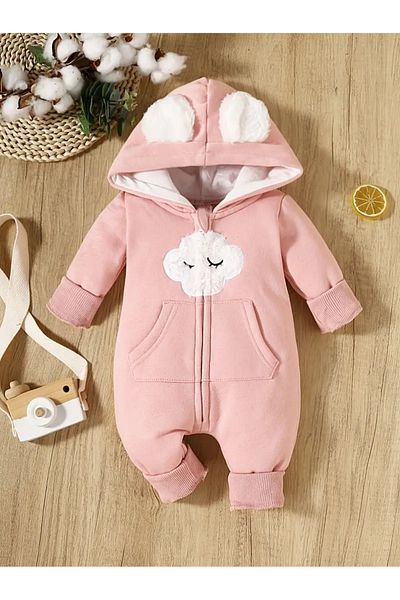 GlassySKY Rabbit Model Zippered Hooded Baby Jumpsuit with Ribbon Inside