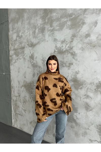 Elilook Дамски пуловер от плетиво с леопардов шарка и повдигната яка