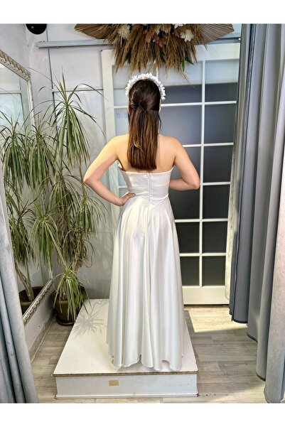 Abiye's STRAPLEZ MİDİ SATEN NİŞAN SÖZ İSTEME EVDEN ÇIKMA BEKARLIĞA VEDA BEYAZ NİKAH ELBİSESİ