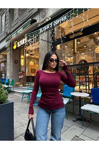 Genel Markalar Kadın Bordo Kayık  Yaka Basic Uzun Kol Yanı Yırtmaçlı Bluz