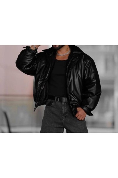 FAMODA Erkek Oversize Vintage Siyah Deri Ceket