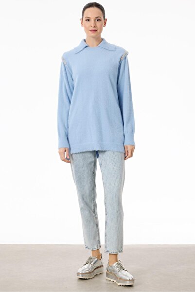 Tığ Triko Omuzları Taş Detaylı Tunik BEBE MAVİ