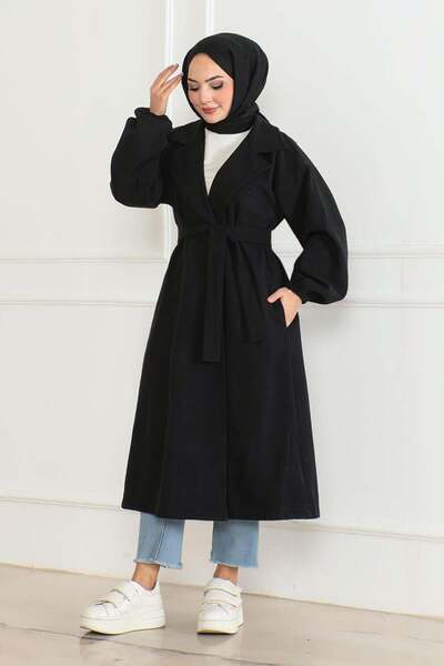 SGS Μαύρο παλτό με καστανόχρωμο χρώμα - διπλό πέτο Σχέδιο γιακά