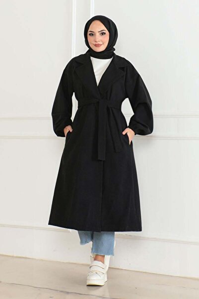 SGS Μαύρο παλτό με καστανόχρωμο χρώμα - διπλό πέτο Σχέδιο γιακά