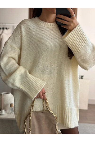 My Blog Ecrufarbener, einfarbiger, dicker Basic-Pullover – 4700