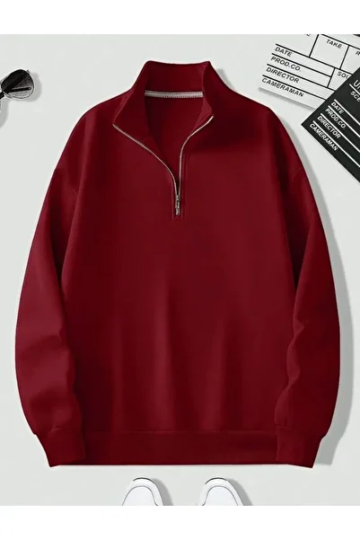 trendgar Burgundy Stand Collar Zipper Oversize Unisex Sweatshirt