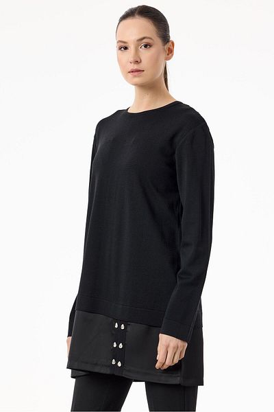 Tığ Triko Satin Fabric Talehli Knitwear Tunic, Black