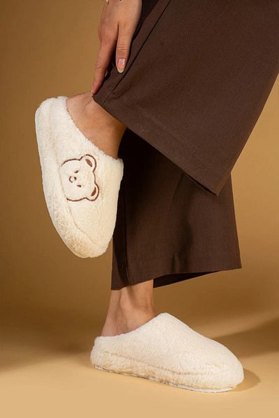 İncim Fluffy Comfortable Comfortable Women's House Slippers White