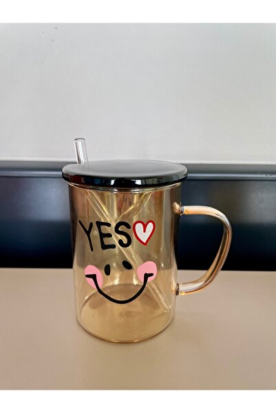 Two Two LOVE-love-GOOD-YES- figürlü  Porselen Kapaklı Cam Pipetli Cam Kupa/Ba...