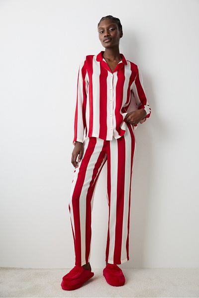 Penti Aria Satin Red Shirt Pants Pajama Set