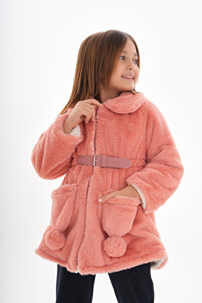 ROBA KIDS Момичешко плюшено палто с качулка, колан и джобове - RB-710