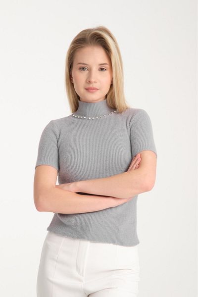 Su Moda Îmbrăcăminte pentru femei Bluză Tricoturi de Anul Nou Pulover Strasuri cu mânecă scurtă Guler vertical Pulover Angora