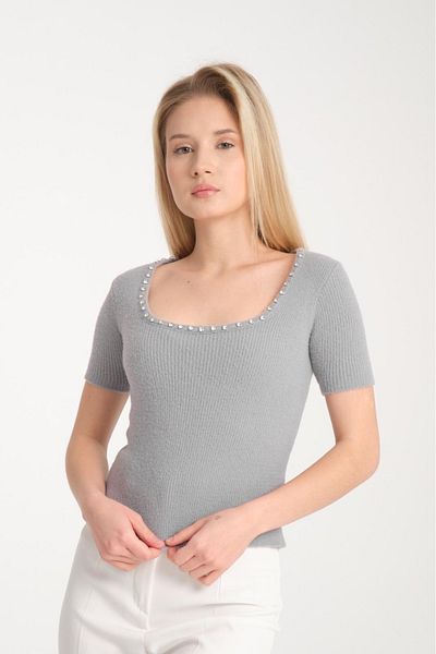 Su Moda Pulover de damă din tricot brodat cu gât în ​​U - mânecă scurtă, angora cu lycra