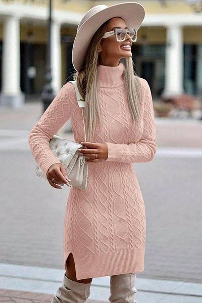 Deafox Πλεκτό φόρεμα σε σκόνη μακρυμάνικο Loren Wool Motif Midi Length