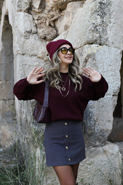 bytugcekaya Antrasit Önden Düğmeli Kaşe Etek