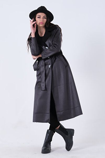 Feminist Süet Düğmeli Seyyar Kemerli Kaban Siyah 0108087