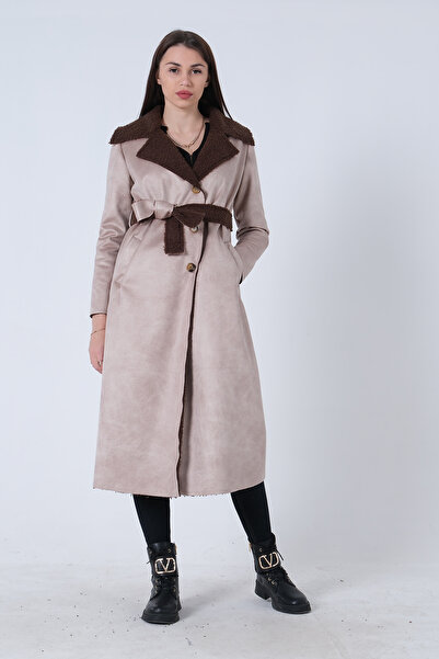 Feminist Süet Düğmeli Seyyar Kemerli Kaban Bej 0108087