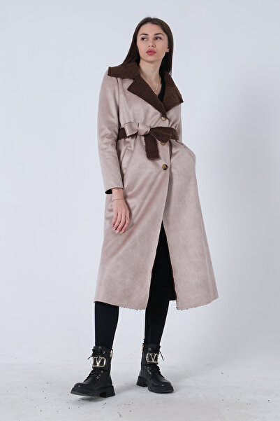 Feminist Süet Düğmeli Seyyar Kemerli Kaban Bej 0108087