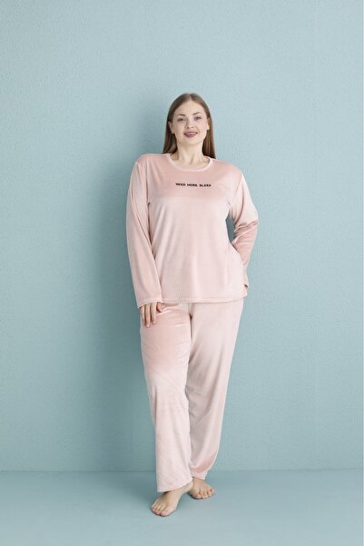 MEBA Kadın Kadife Need More Sleep Yazı Baskılı Büyük Beden Pijama Takımı