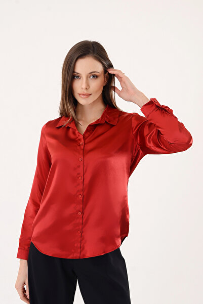polle Kadın Hafif Dökümlü Kırmızı Saten Gömlek