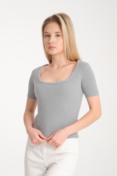 Su Moda Pulover de damă din tricot brodat cu gât în ​​U - mânecă scurtă, angora cu lycra