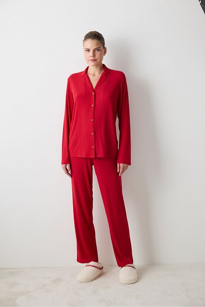 Penti New York Time Red Shirt Pants Pajama Set