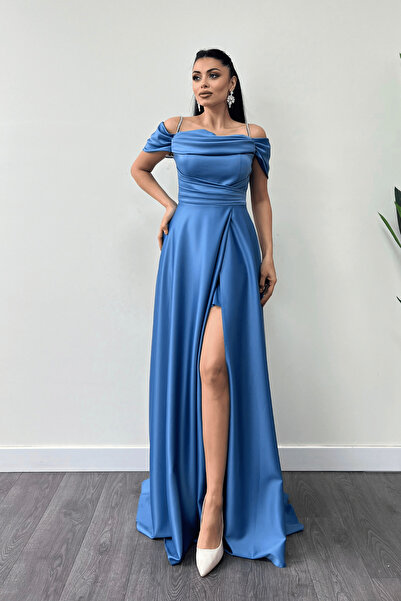 giyimmasalı فستان سهرة برباط من الساتان باللون الأزرق النيلي