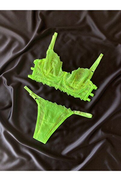 Mia Fosforlu Yeşil Dantelli Balenli Bralet Takım - (SÜTYEN&TANGA) - İç Çamaşı...