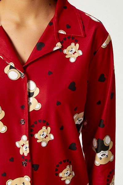 Ritnice Women's Nora Premium Red Teddy Bear Suede Texture Button Christmas Pajamas Set