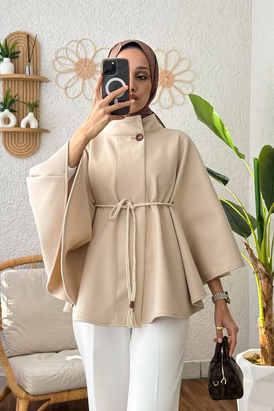 Salih Çelebi Stone Color Knitted Belted Poncho 2196