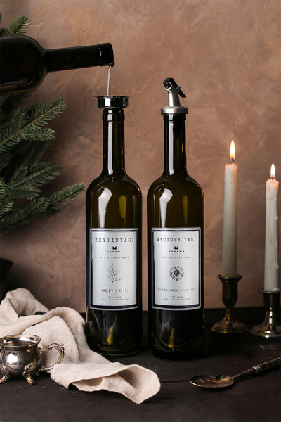 KHAKMA Gümüş Tasarım Amber 2'li 750 Ml Zeytinyağı Sıvıyağ Şişesi Yağdanlık Yağlık Stantsız