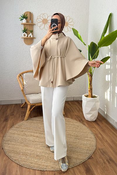 Salih Çelebi Stone Color Knitted Belted Poncho 2196