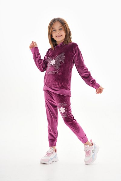 ROBA KIDS Velvet Hooded Girls' Set - Butterfly Embroidery Detail, Rb-751