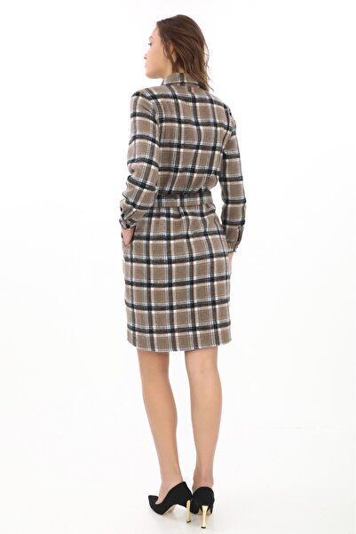 etselements Κουμπωτό Ζώνη Τσέπη Μακρυμάνικο Φόρεμα 131 Καφέ