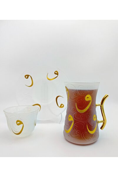 ÖzcamKristal 6 Kişilik 18 Parça Vav Motifli Gold Detaylı Çay Bardak Takımı – ...