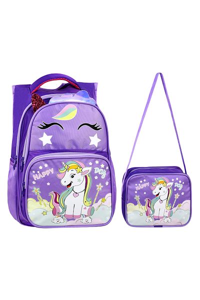 Çanta Trend Imprimat cu unicorn violet, rezistent la apă, spate ortopedic, ghiozdan pentru școală primară + cutie de prânz