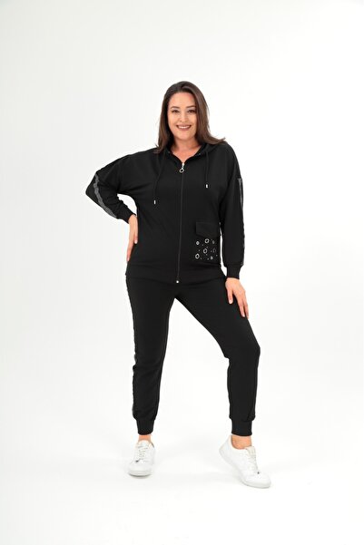 Esina Women's Two Yarn Front Zippered Elastic Leg Hooded Tracksuit Set