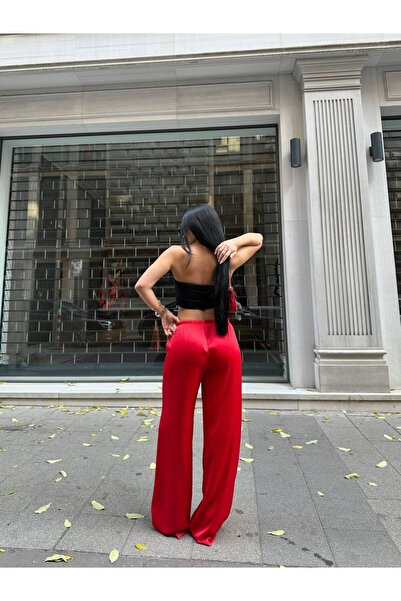 LB Laluna Butik Women's Satin Elastic Draped Palazzo Trousers